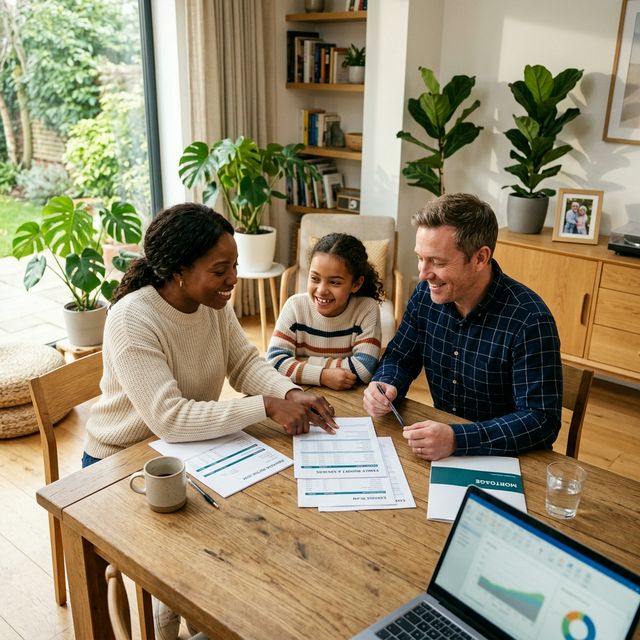 Family reviewing financial documents